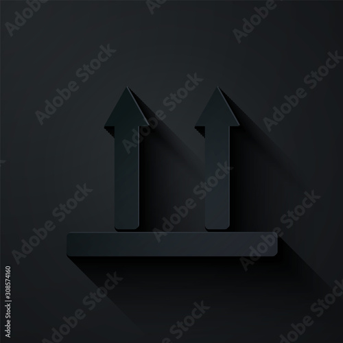 Paper cut This side up icon isolated on black background. Two arrows indicating top side of packaging. Cargo handled so these arrows always point up. Paper art style. Vector Illustration