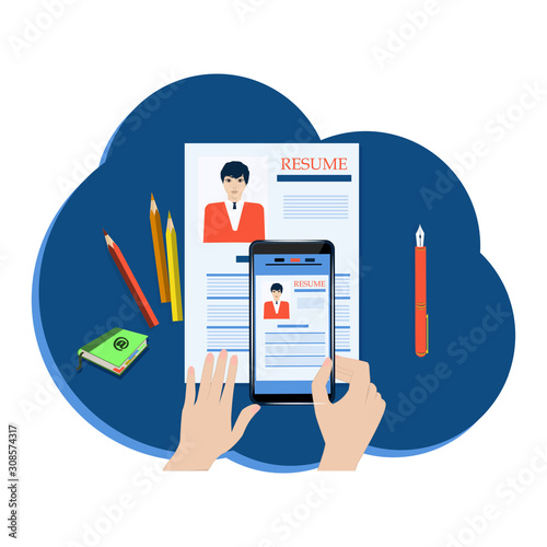 Hand with smartphone photographs resume with photo, stationery - round icon - isolated on white background - vector. Technology Business. Online resume. Search for vacancies.