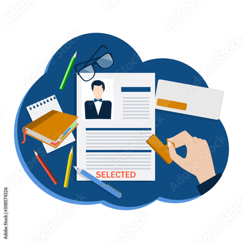 Hand with stamp puts Selected on resume with a photograph of a man - round icon - isolated on white background - vector. Company staff communication. Selection of candidates for vacancies.