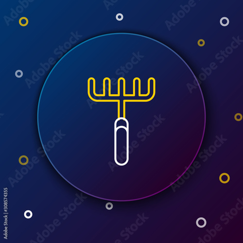 White and yellow line Garden rake icon on dark blue background. Tool for horticulture, agriculture, farming. Ground cultivator. Housekeeping equipment. Colorful outline concept. Vector Illustration