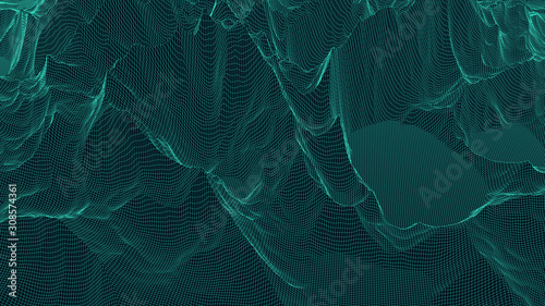 Vector wireframe 3d landscape. Technology grid illustration. Network of connected dots and lines on dark background.