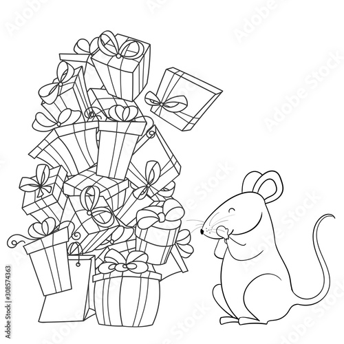 Christmas doodle illustration. Surprised and happy rat looking at presents. Symbol of Chinese New Year 2020. Lots of gift boxes. Easy to change colors, gifts are separated.