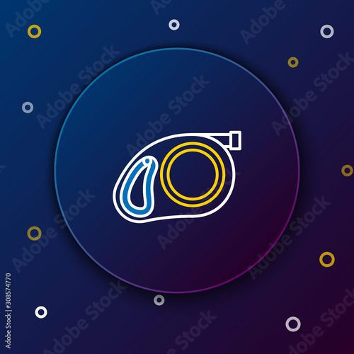 White and yellow line Retractable cord leash with carabiner icon on dark blue background. Pet dog lead. Pet supplies. Animal accessory for outdoors walk. Colorful outline concept. Vector Illustration