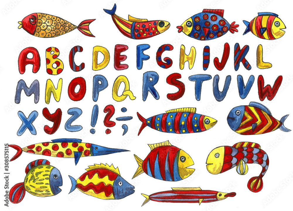 Cute modern alphabet with funny objects and sea cartoon fish. Letters. Learn to read. Isolated. Watercolor illustration, brush lettering Cute modern alphabet with funny objects and sea cartoon fish. Letters. Learn to read. Isolated. Watercolor illustration, brush lettering