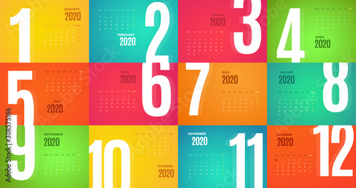 2020 Calendar wall template. Vector colorful design