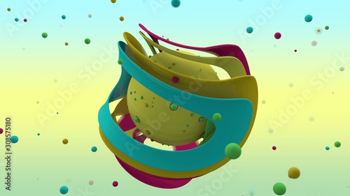 3D rendering of abstract yellow sphere with lots of small multicolored balls on the surface and surrounded. Sphere in the center of the curved colorful rings of different sizes. Abstract background