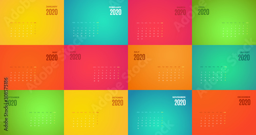 2020 Calendar wall template. Vector colorful design