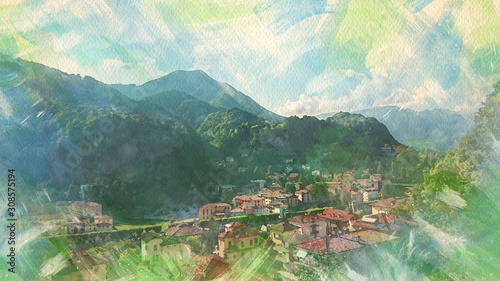 Watercolor pattern of landscape San Bernardino Verbano Italy colorful illustration card