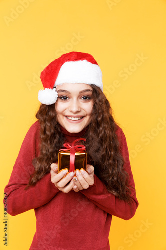 Exited woman with box gift. New Year cocnept