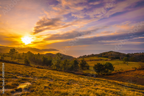 Beautiful sunset on the mountain of Jaizkibel. Basque Country