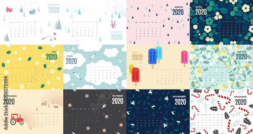 2020 calendar template. Vector colorful design with illustrations