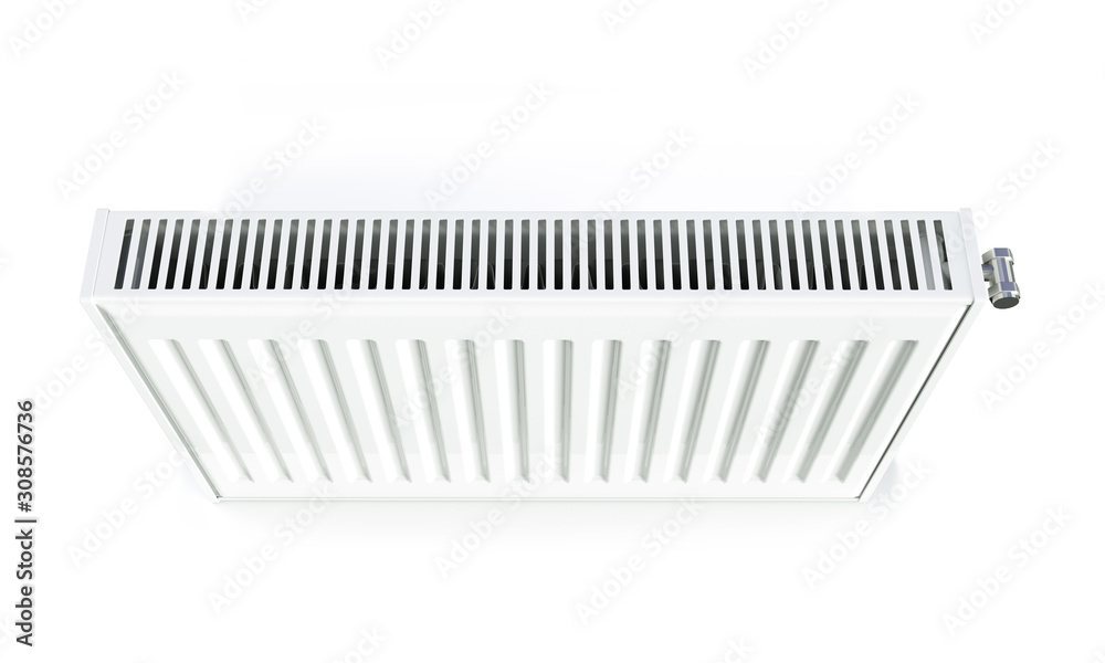 heating radiator with radiator thermostatic valve on the wall, 3D rendering