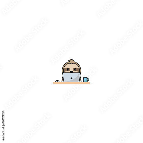 Cute sloth working on a laptop, vector illustration