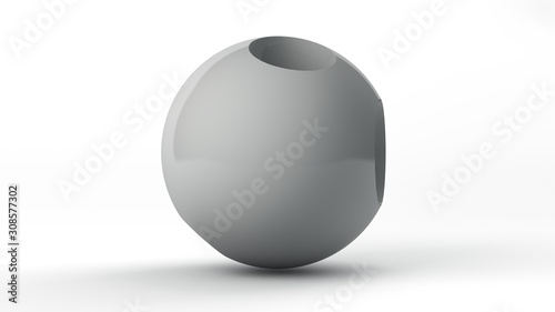 Renderowania 3D dużej białej kuli na białym tle z cieniem powierzchni Studio. Piłka ma idealnie okrągłe wgniecenia na powierzchni o różnych rozmiarach i w różnych miejscach