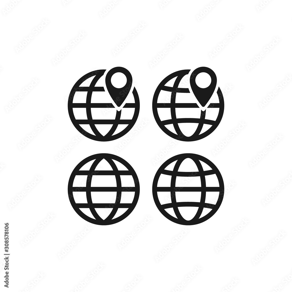 Globe, website symbol with location pin icon. Black vector glyph sign.