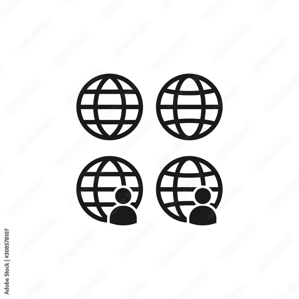Globe, website symbol with person, profile icon. Black vector glyph sign. Globe, website symbol with person, profile icon. Black vector glyph sign.