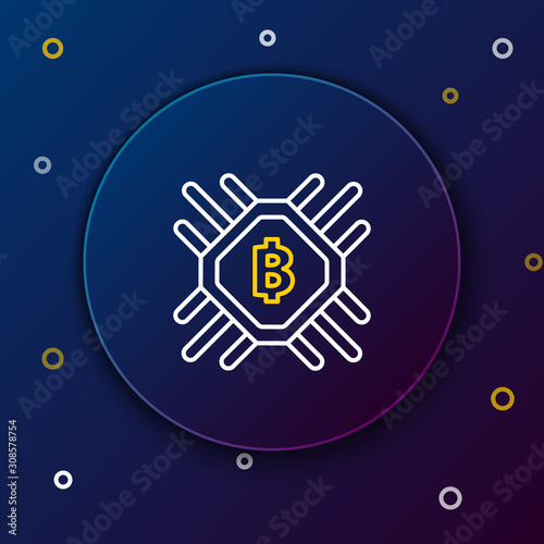 White and yellow line CPU mining farm icon on dark blue background. Bitcoin sign inside processor. Cryptocurrency mining community. Digital money. Colorful outline concept. Vector Illustration