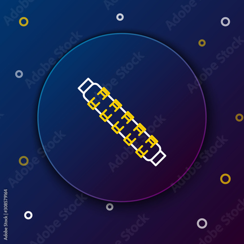 White and yellow line Hunting cartridge belt with cartridges icon on dark blue background. Bandolier sign. Hunter equipment, armament. Colorful outline concept. Vector Illustration