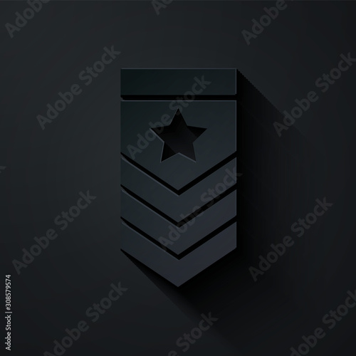 Paper cut Chevron icon isolated on black background. Military badge sign. Paper art style. Vector Illustration