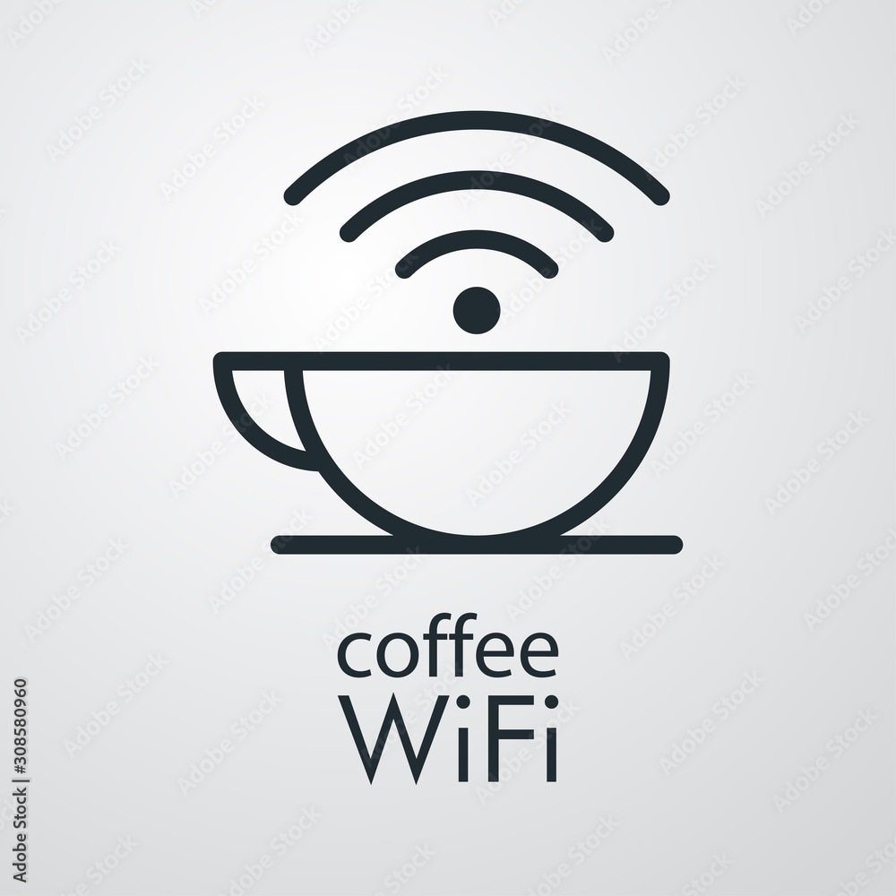 Logotipo lineal con texto coffee WiFi con taza con olas en fondo gris
