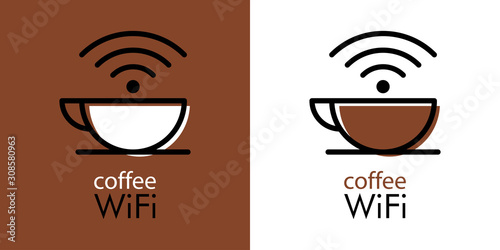 Logotipo lineal con texto coffee WiFi con taza con olas en fondo marrón y fondo blanco