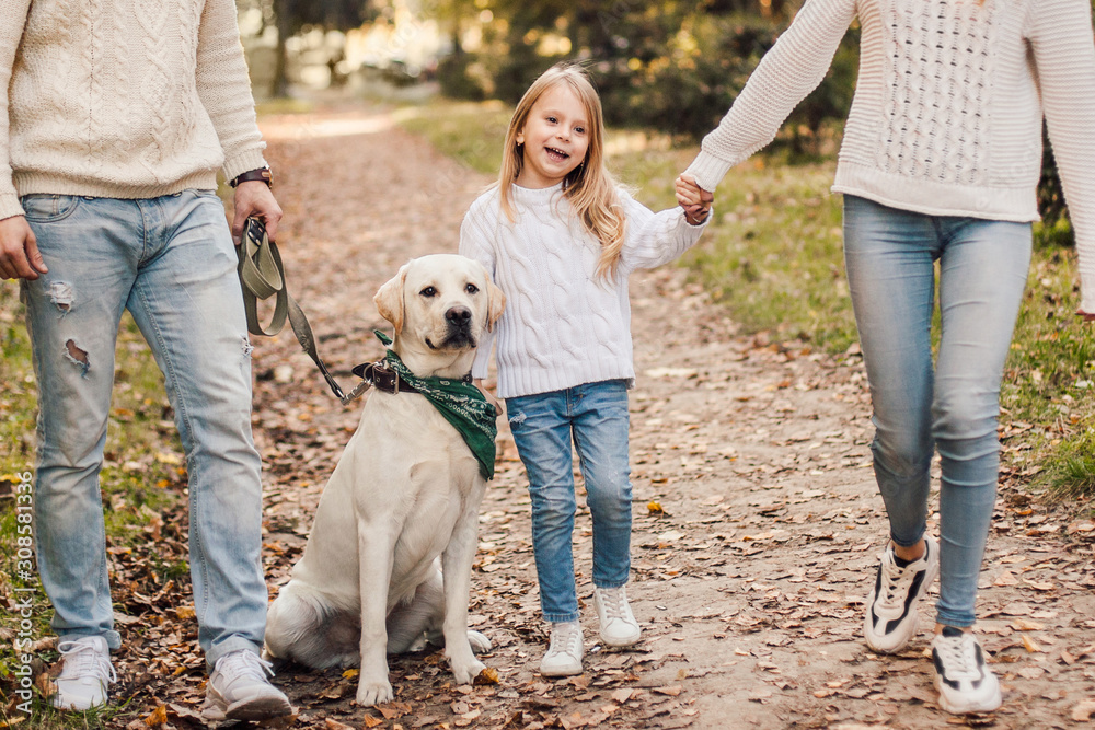 Happy beautiful family with dog labrador is having fun together walking the in park. Happy beautiful family with dog labrador is having fun together walking the in park.
