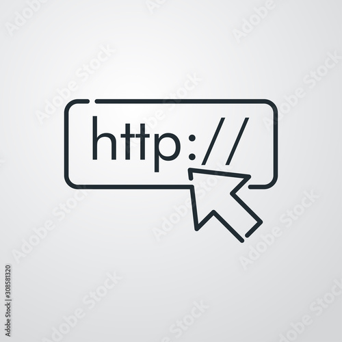 Icono plano dirección http con flecha de cursor en fondo gris