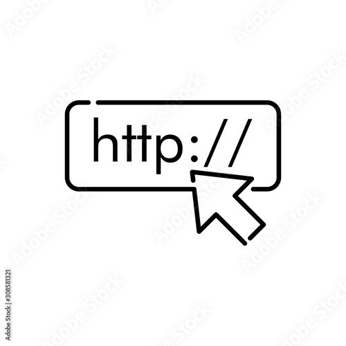 Icono plano dirección http con flecha de cursor en color negro