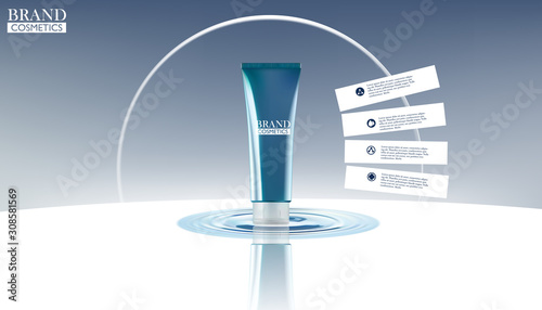Cosmetic ads poster.Moisturizing cream tubes on the water background with splash.