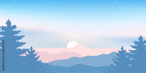 Blue nature backdrop. Mountain and tree with sunrise on sky.