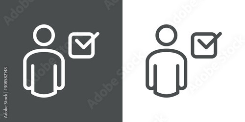 Contacto aceptado. Usuario aceptado. Icono plano lineal hombre con casilla de verificación en fondo gris y fondo blanco