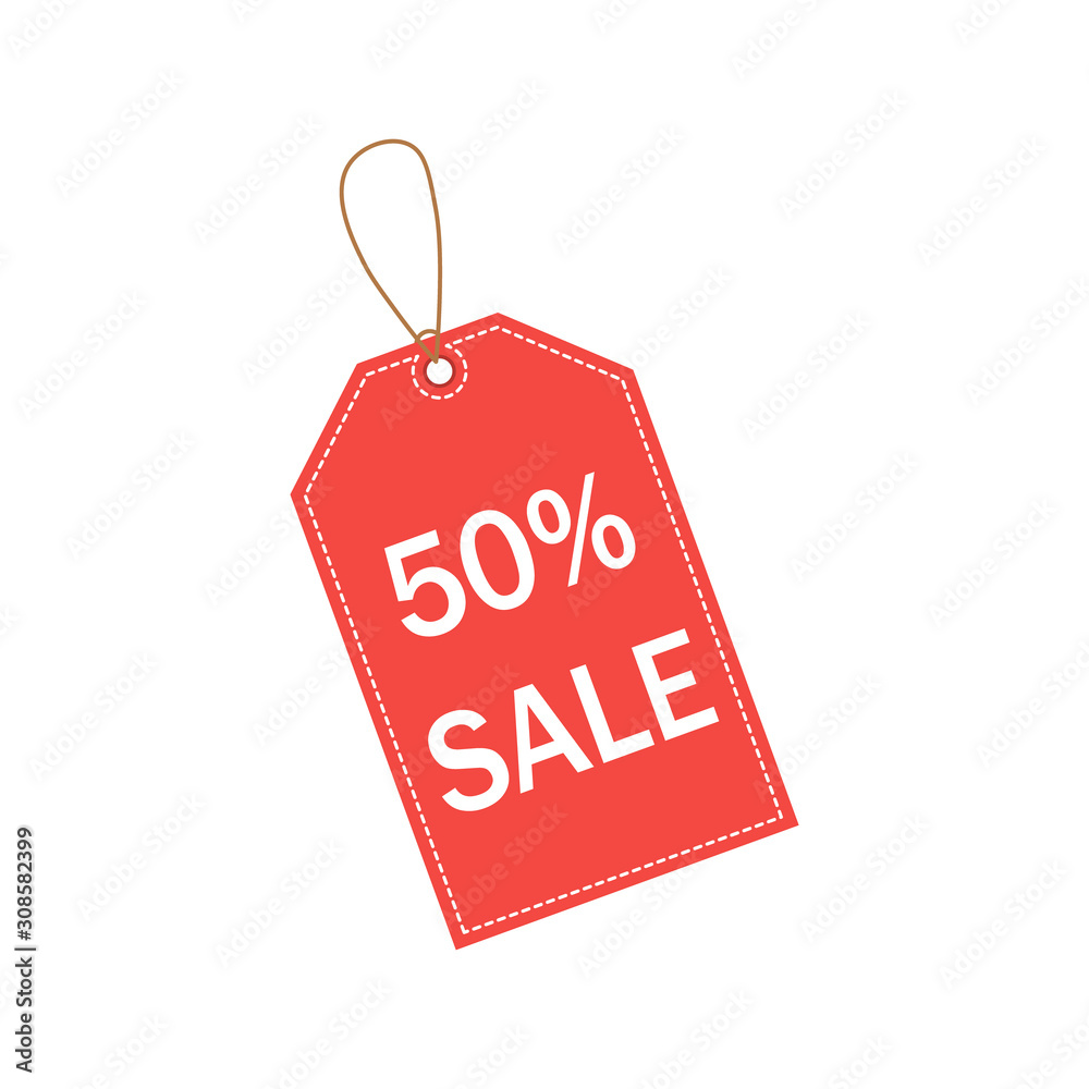 Big sale 50 percent off red tag with shadow on white background