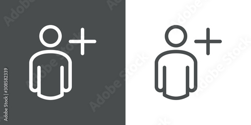 Añadir contacto. Añadir amigo. Icono plano lineal hombre con símbolo plus en fondo gris y fondo blanco