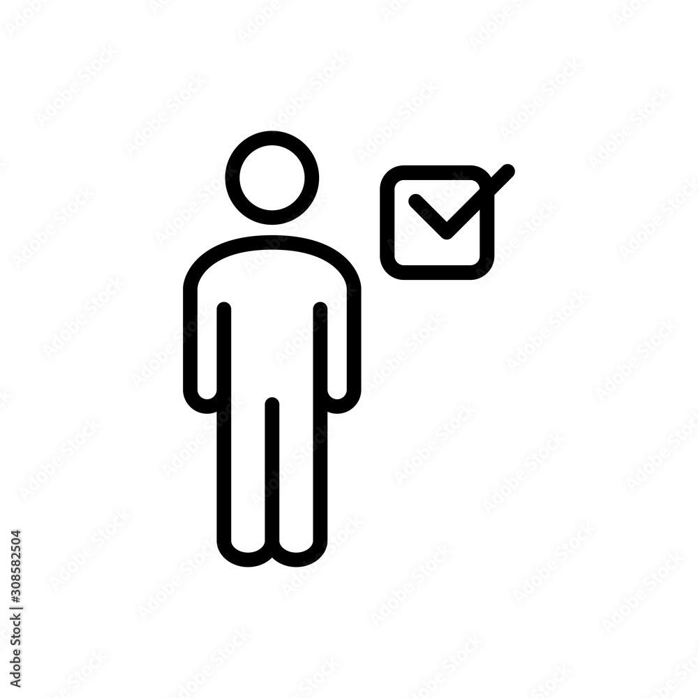 Contacto aceptado. Usuario aceptado. Icono plano lineal hombre con casilla de verificación en color negro Contacto aceptado. Usuario aceptado. Icono plano lineal hombre con casilla de verificación en color negro