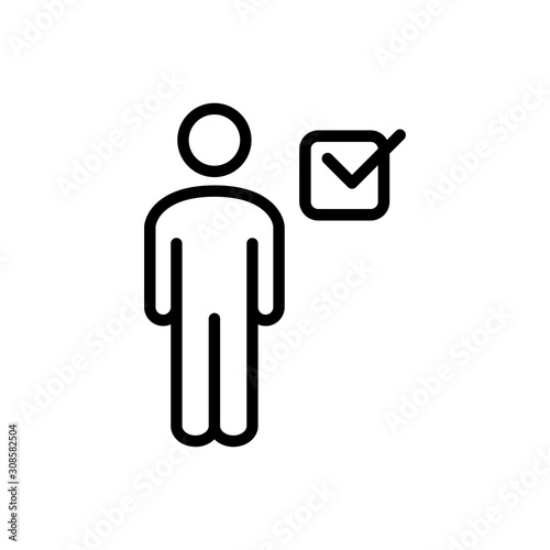 Contacto aceptado. Usuario aceptado. Icono plano lineal hombre con casilla de verificación en color negro