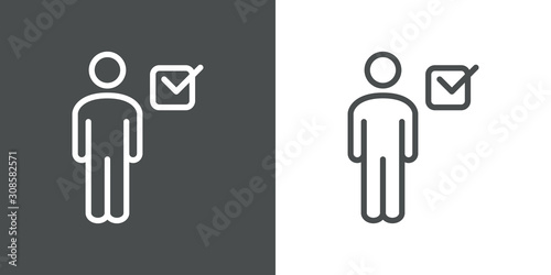 Contacto aceptado. Usuario aceptado. Icono plano lineal hombre con casilla de verificación en fondo gris y fondo blanco