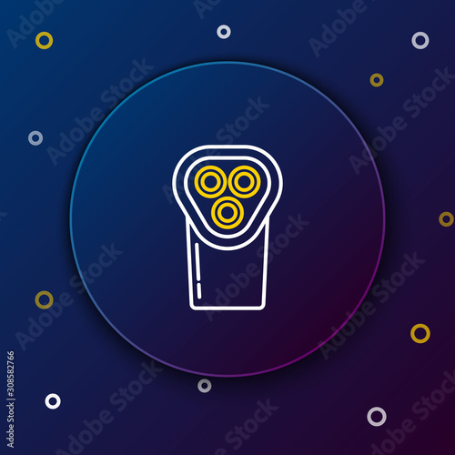 White and yellow line Electrical hair clipper or shaver icon isolated on dark blue background. Barbershop symbol. Colorful outline concept. Vector Illustration