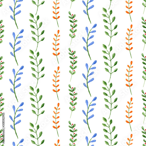 Seamless pattern with watercolor branches on white background