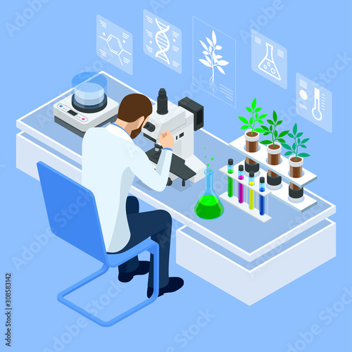 Isometric concept of laboratory exploring new methods of plant breeding and agricultural genetics. Plants growing in the test tubes. Organic food ,agriculture and hydroponic