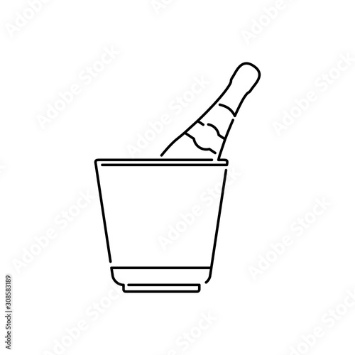 Icono plano lineal cubo con botella de champaña en color negro