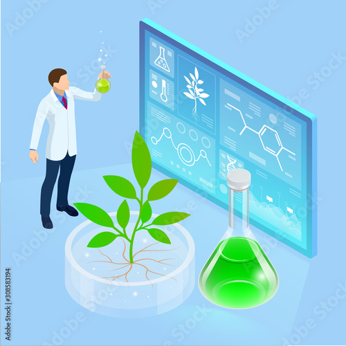Isometric concept of laboratory exploring new methods of plant breeding and agricultural genetics. Plants growing in the test tubes. Organic food ,agriculture and hydroponic