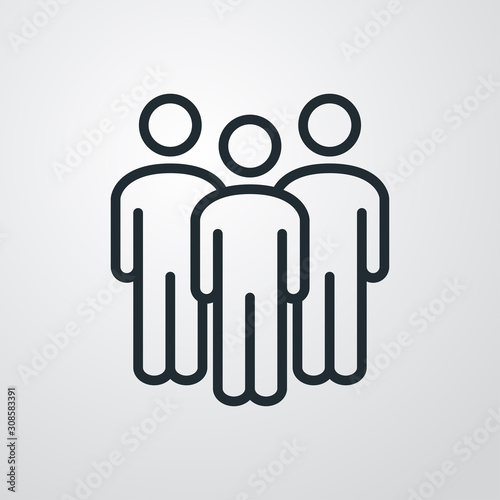 Símbolo trabajo en equipo. Icono plano lineal grupo de 3 personas en fondo gris