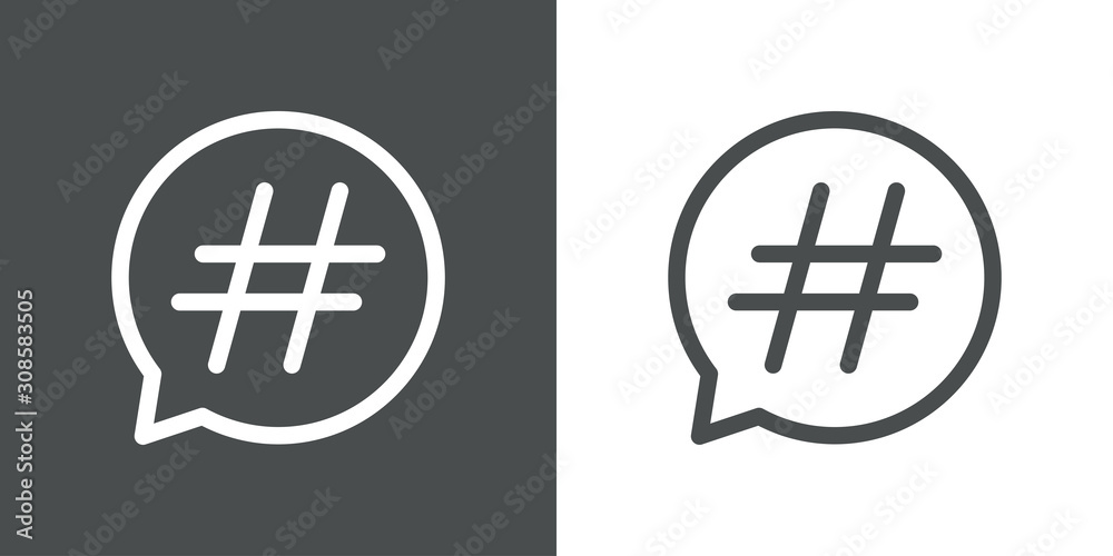 Obraz premium Icono plano lineal símbolo hashtag de red social en burbuja habla en fondo gris y fondo blanco
