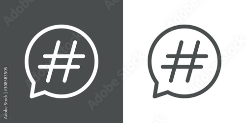 Icono plano lineal símbolo hashtag de red social en burbuja habla en fondo gris y fondo blanco