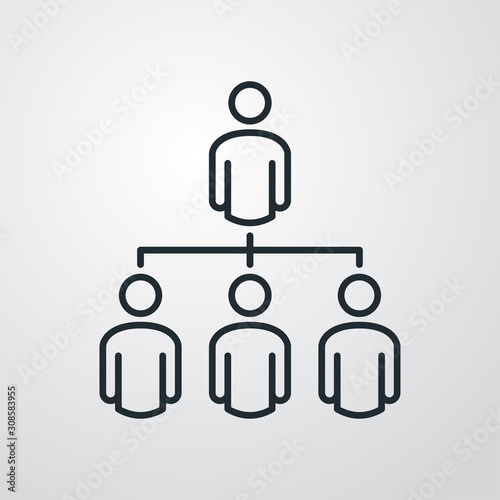 Símbolo organización. Icono plano lineal grupo de personas en diagrama de flujo en fondo gris