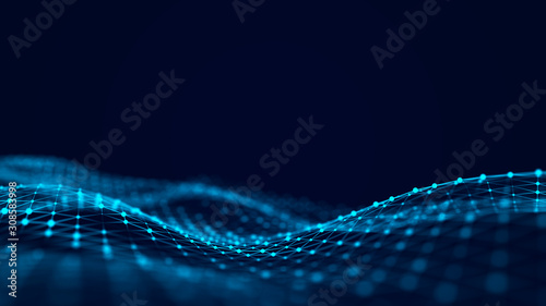 Futuristic abstract mesh. Wave with the connection of luminous points and lines. 3D rendering.