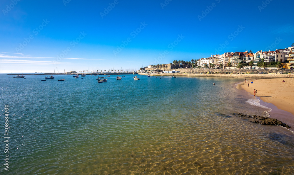 Seaside cityscape of Cascais city in summer day. Cascais municipality, Portugal