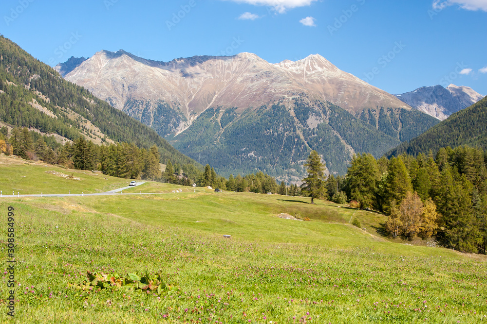 Summer Alpine mountain landscape in Switzerland, near St. Moritz