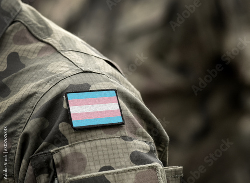 Transgender Pride Flag on military uniform. Integration, Discrimination. Collage.