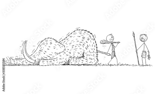 Vector cartoon stick figure drawing conceptual illustration of prehistoric man or cavemen pulling dead mammoth. Competitor with hunt rat is shocked. Business concept of success and competition.